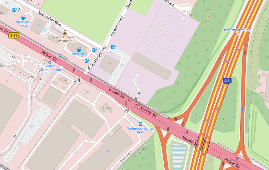 Kartenausschnitt der Umgebung Venloer Straße 1305 C in Köln-Bocklemünd mit der Anschlussstelle der A1