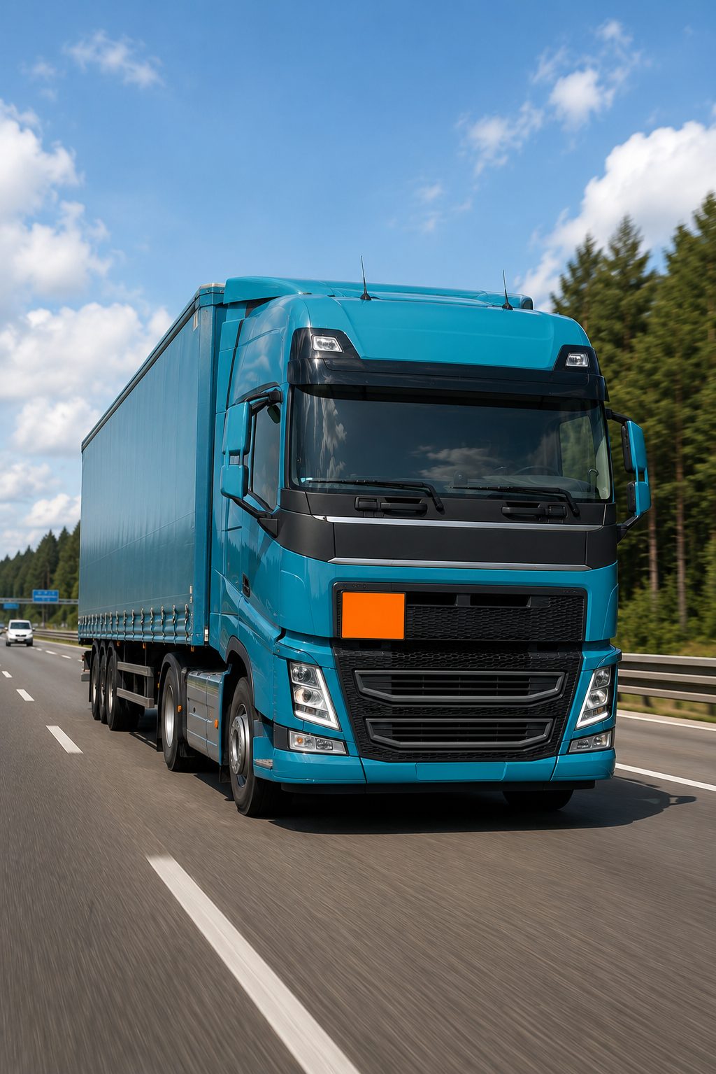 Sattelzug mit oranger Warntafel an der Front auf der Autobahn