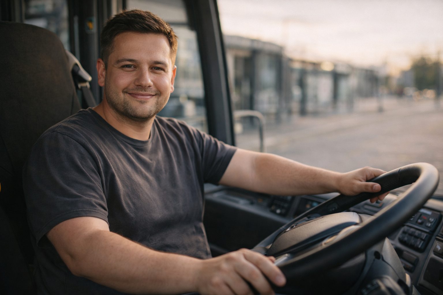 Mann am Lenkrad eines Busses, durch die Frontscheibe eine Haltestelle